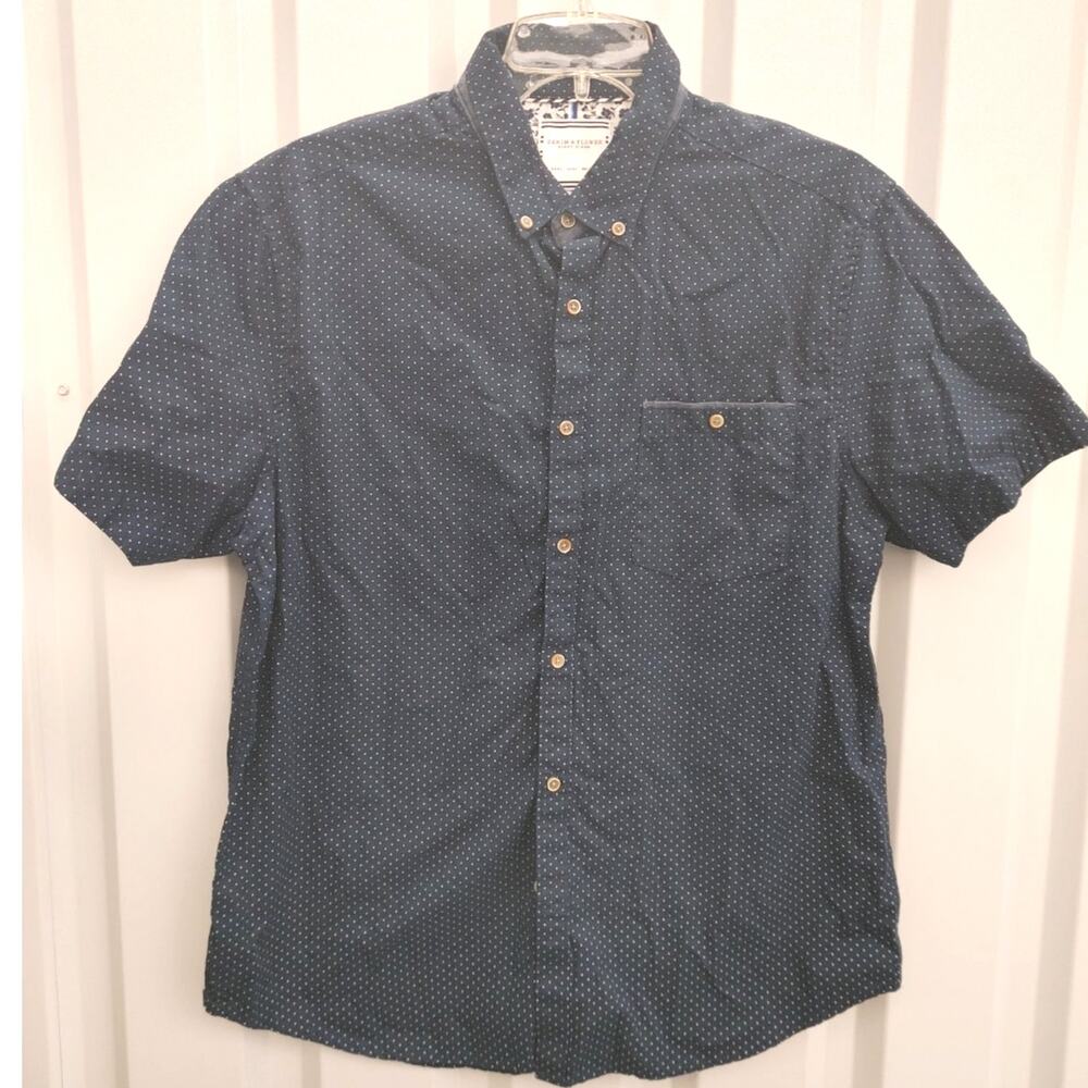 Denim & Flower Men's Casual Shirt Button Down Polka Dot Large Blue White